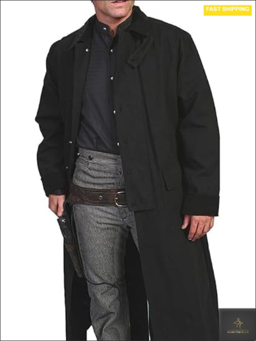 Men's Cotton Canvas Western Duster Long Coat, Corduroy Collar, Notch Lapel,